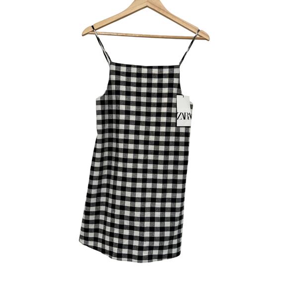 NWT Zara Checkered Black White Mini Dress XS Cottagecore Picnic Peasant - Picture 1 of 16